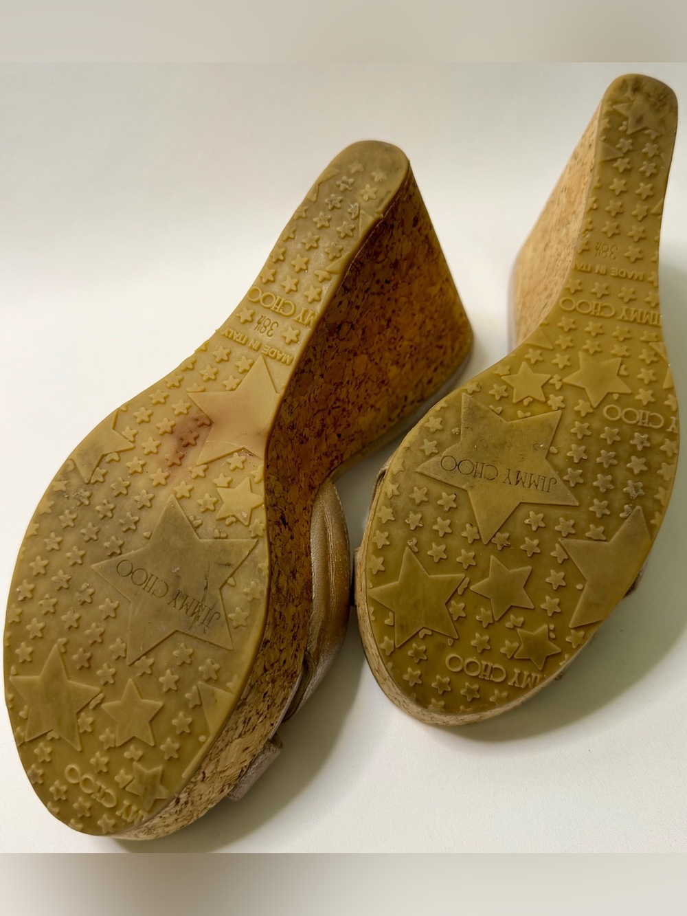 Jimmy Choo Metallic Rose Gold Leather Cork Wedge Sandals Size 38.5 - Picture 11 of 13